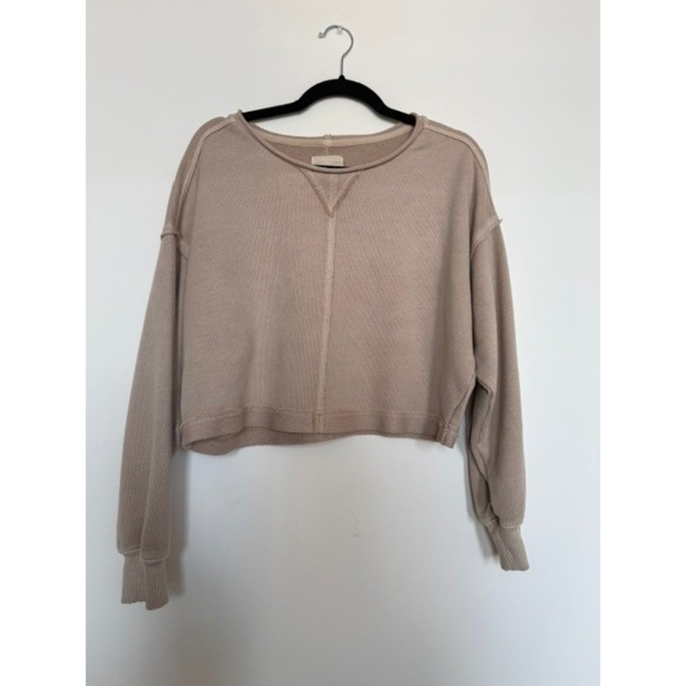 Aerie Beige Cropped Terry Sweatshirt | Oversized Pullover Lounge Top | Size S